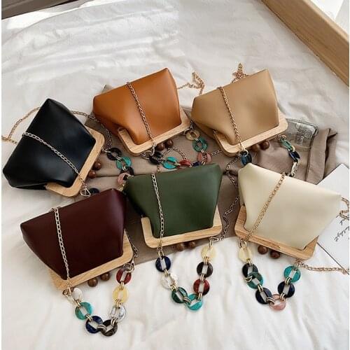 Women bag Chains Wooden handle PU Flap Casual Solid Hasp Shoulder Bags handbag Euro-America style handbag phone bag