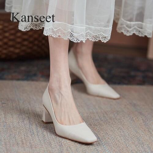 Kanseet 2021 New Women Pumps Spring Autumn Square Heels Genuine Leather Handmade Square Toes Black White Thick High Heels Shoes