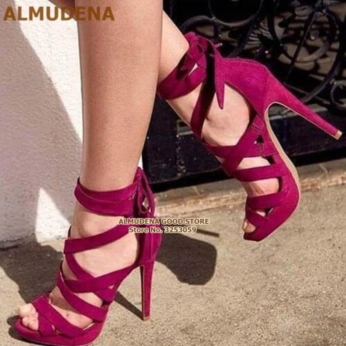 ALMUDENA Fuchsia Suede Cross Strappy Sandals Thin High Heels Lace-up Butterfly-knot Dress Pumps Platform Wedding Shoes Size47