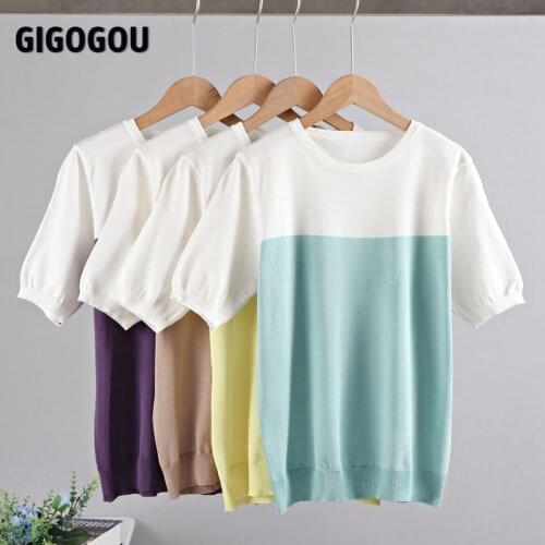 GIGOGOU Fashion Tshirt Women Candy Color T Shirt Patchwork O-Neck T-Shirts Short Sleeve Women Clothes Knitted Summer Shirt Tops
