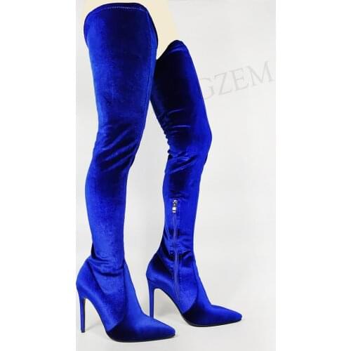 LAIGZEM SUPER Women Thigh High Boots Stretchy Velevt High Heeled Boots Thigh High Over Knee Shoes Woman Plus Size 39 42 44 45 47