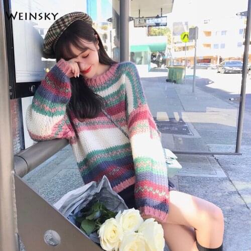 Women Oversized Knitted Sweater And Pullovers Korean Fashion Style Female Sweaters 2019 Autumn And Winter New Rainbow Tops