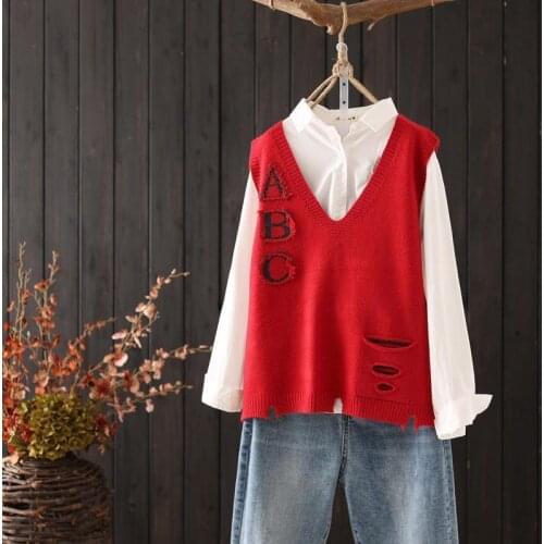2021 Woman V-neck Knitted Vest Female Sweater Autumn and Winter New Loose Wild Vest Ladies Sleeveless Sweater Tops 2XL H1082