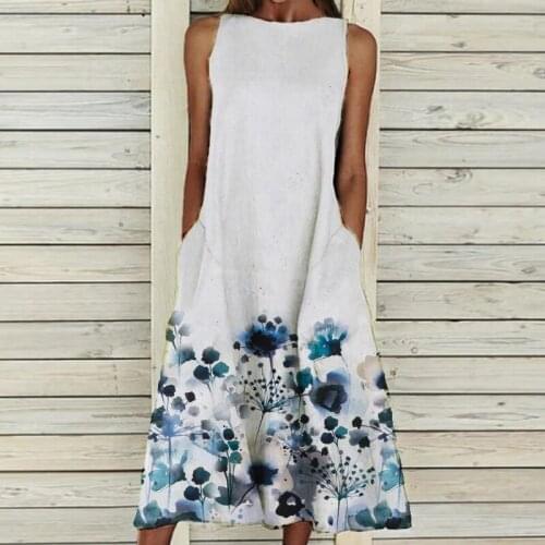 Beach Dresses For Women Simple Floral Printed Scenic Pocket Sleeveless Round Neck Dress Loose Mid-length Dress 2021
