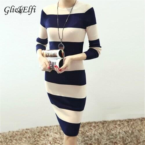 Autumn Winter Korean Office Sweater Women Dress 2020 Elegant Lady Knitted Vestido Bodycon Long Sleeve Striped Midi Pencil Dress