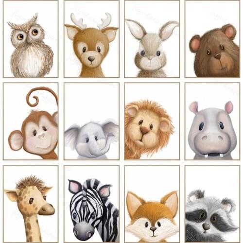 Giraffe Elephant Lion Zebra Hippo Rabbit Fox Deer Bear Owl Raccoon Nursery Wall Art Canvas Painting for Baby Kids Room Decor