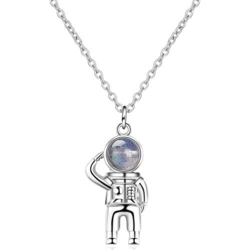 ModaOne Personality 925 Sterling Silver Astronaut Moonstone Pendant Necklace Fashion Clavicle Chain Necklace For Women