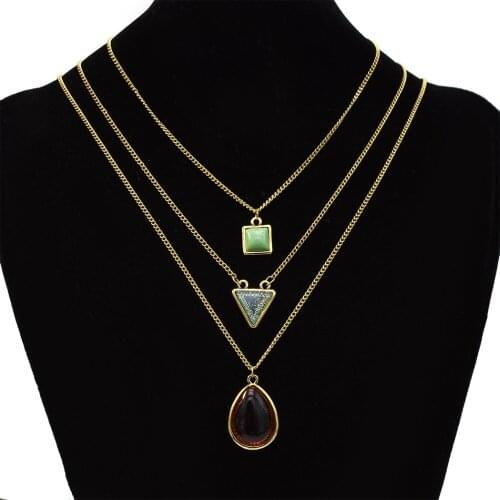 Gypsy Multilayers Gold Metal Oval Triangle Square Pendant Necklaces for Boho Necklace Collier For Women Party Jewelry Gift