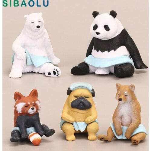 5pcs Raccoon Bear Panda Dog Figurine Cartoon Animal Model Home Decor Miniature Fairy Garden Decoration Accessories Modern Figure