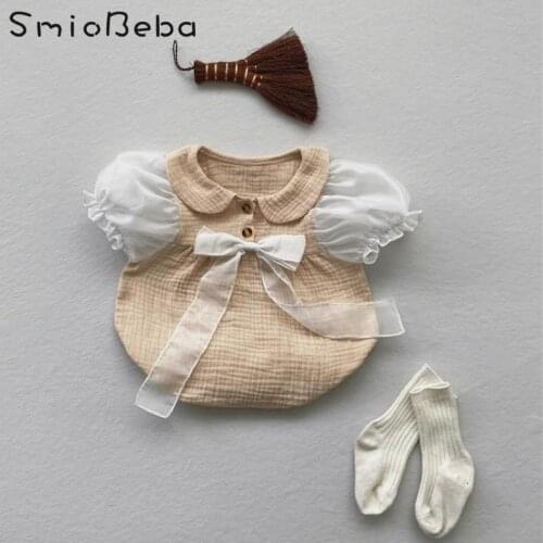 Ins Summer New Korean Baby Girl Mesh Bubble Rompers Short Sleeve Chest Bow Triangle Bag Fart Jumpsuits Clothes Climbing Outfits