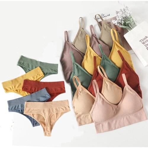 Sexy Seamless Women Top Panties Set Cotton Low Waist G-String Underwear Set Soft Active Bra Thong Lingerie Set Fitness Crop Top