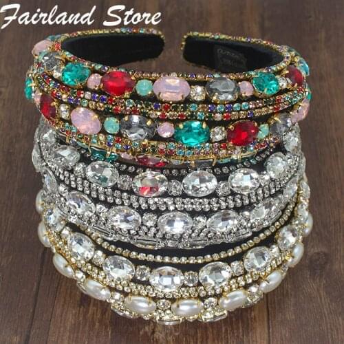 Fairland Vintage Bohemia Luxury Sparkly Big Colorful Crystal Pearl Hairband Full Rhinestone Padded Women Girls Party Headbands