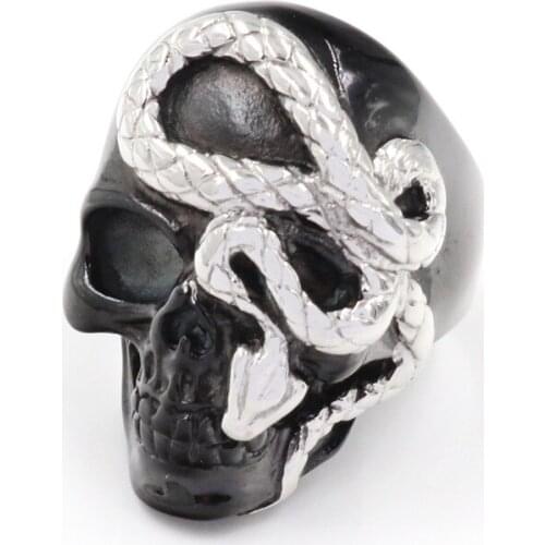 SECRET BOYS Mens Fashion Horror Punk Style Black Skull With Silver Color Cobra Ring Wear Accessories for Parties and Shows