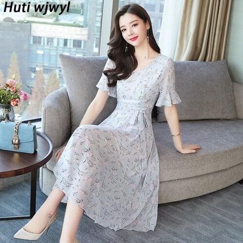 2021 New Korean Vintage Plus Size Boho Midi Dress Summer Floral Chiffon Beach Sundress Elegant Women Short Sleeve Party Vestidos