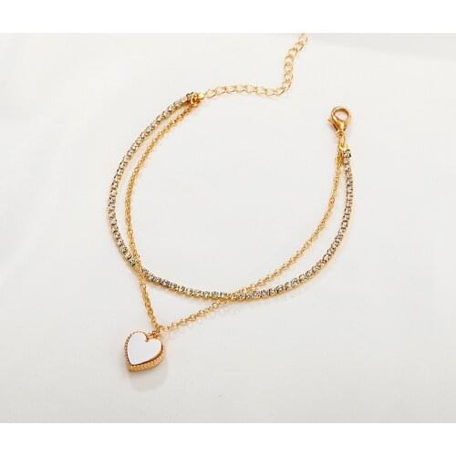 Origin Summer Minimalist Double-Layer Love Heart Bracelets for Women Girls Bling Bling Rhinestone Metallic Chain Bracelets