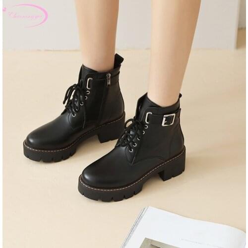 Casual style round toe ankle boots fashion buckle platform lace-up zipper middle heel chunky motorcycle boots womens shoes