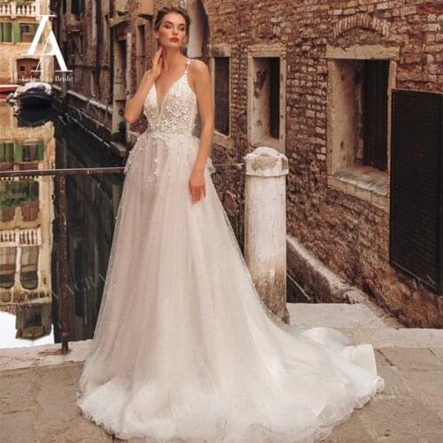 Romantic Applique Pearls Wedding Dress Boho 3D Flowers A-Line Illusion Princess LelaAcra RY22 Bridal Customized Vestido De Noiva