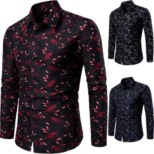 Casual Mens Turn Down Collar Long Sleeve Leaf Print Slim Plus Size Shirt Men Fashion Male Social Business Dress Shirts