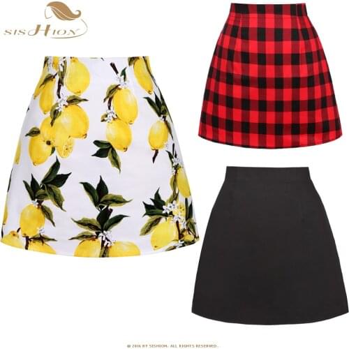 SISHION Lemon Floral Plaid Cotton Sexy Mini Skirt High Waist Plus Size Vintage Skirt SS0008 jupe femme 2020 Women Summer Skirts