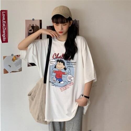 Female Korean Harajuku Letter Cartoon Print Tshirt Womens T-shirts Tops Japanese Kawaii Ladies Ulzzang Clothes For Women