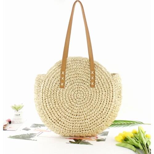 Women Summer Round Straw Shoulder Bags Rattan Bag HandWoven Beach Crossbody Straw Bag Women Summer