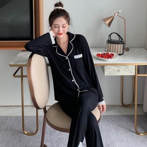 New Korea Sweet Modal summer sleepwear women pajamas sets fashion black Long sleeve casual pyjamas women sleepwear pijamas