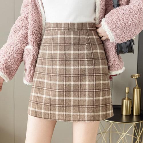 Woman Skirts Womens Woolen Plaid Skirt Autumn Winter A- line Skirt High Waist Skirt Mujer Faldas Saias Mulher