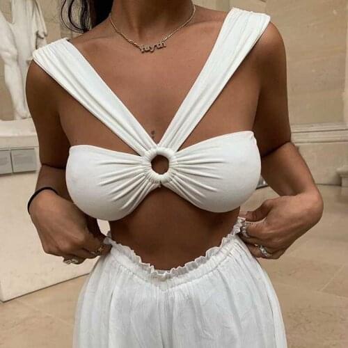 Summer 2021 V-neck Neckline Sexy Strapless Top with Tie Back for Womens Short Swab Bra White Crop Top Women Clothing