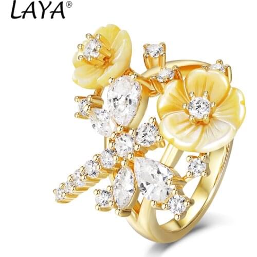 Laya 925 Sterling Silver Summer Hot Style High Quality Zircon Natural Shell Flower Dragonfly Ring For Women Luxury Jewelry