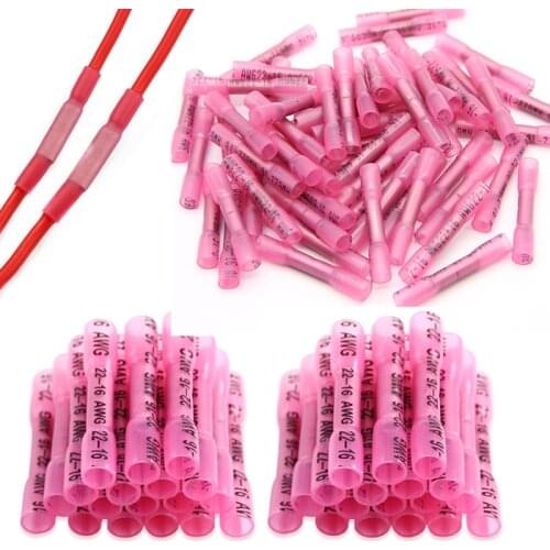 1000PCS Red Heat Shrink Terminals Insulated Butt Electrical Splice Wire Connectors Cable Crimp Terminal Connector AWG 22-18