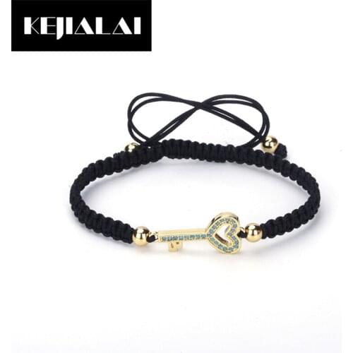Gold Color Key Charm Bracelet Paved with Rhinestone Zirconia Crystal Stone Heart Shape Accessory Black Braided Macrame Bracelets