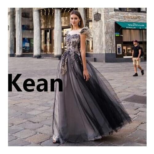 Black Illusion Evening Dresses Cap Sleeve Feathers robe de soiree Evening Gowns Prom Dress Vestidos De Festa