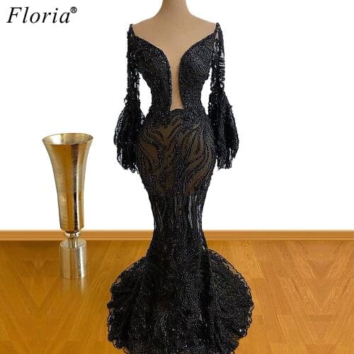 Plus Size Black Lace Evening Dresses Mermaid Beads Formal Evening Gowns Women Illusion Prom Dresses Party Vestidos Elegantes