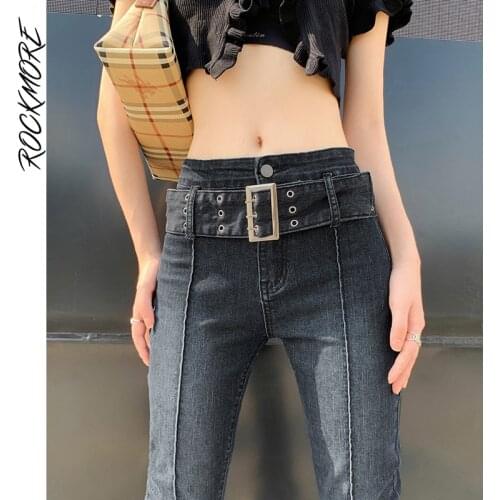 Rockmore Vintage Jeans Sashes Womens Flare Pants Streetwear Slim Casual E Girl Stretch High Waist Denim Trouser Harajuku Autumn