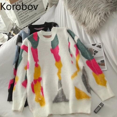Korobov Preppy Style Sweet Striped Hit Color Women Sweaters Korean O Neck Long Sleeve Sueter Mujer 2020 New Chic Pullovers