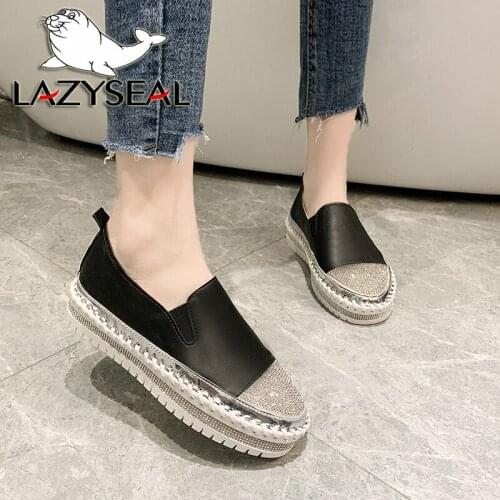LazySeal Shoes Women Flats Bling Rhinestone Woman Shoes Ladies Casual Shoes Round Crystals Toe Slip-on Platform Diamonds Loafers
