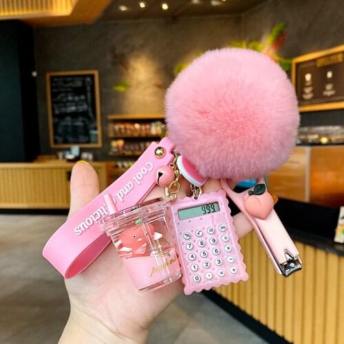 Fashion Cartoon Pink Milk Bottle Crystal Peach Milk Teacup Keychain Cute Plush Ball Floating Pendant Girl Cute Bag Gift Pendant
