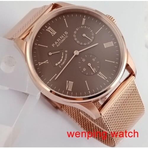 44mm Parnis Watch Mens Rose gold Stainless Steel Automatic Watch Mechanical Wristwatch Mesh Strap 12/24 Hours