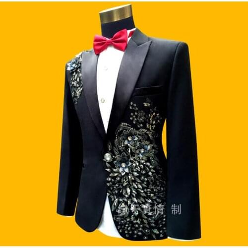 Men Suits Embroidered black Master of ceremonies Wedding Host Rhinestone