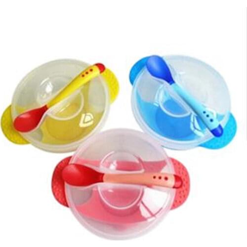 Newborn Baby Suction Cup Bowl Slip - resistant Tableware Temperature Sensing Spoon Set Kids Children Training to use