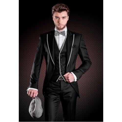 New Style Groomsmen Peak Lapel Groom Tuxedos Black Men Suits Wedding Best Man Blazer Bridegroom (Jacket+Pants+Tie+Vest) B934
