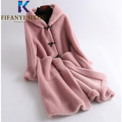 Winter Coat Women High Quality Fluffy Real Sheep Shearing Fur Coat Female Plush Particles Natural Wool Hooded Long Fur Jacket