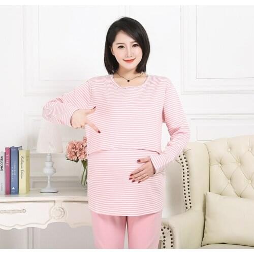 Winter For Pregnant Madam Long Sleeve Stripes Sleepwear Maternity Pajamas Set 2XL-6XL Womens Nightwear 160KG Large Size Clothes