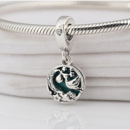 Authentic S925 Silver Pendant Bead Stork & Twinkling Dangle Charm fit Lady Bracelet Bangle DIY Jewelry