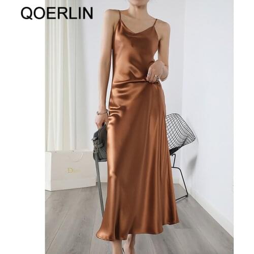 QOERLIN New 2021 Women Spring Summer Sundress Strap Beach Holiday Strapless Backless Sexy Satin Vintage Dress Basic Vestidos