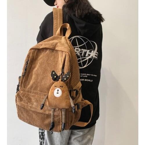 Fashion Women Corduroy Backpack Pure Color Stripe Harajuku School Bag Teenage Luxury Girl Backpack Female Cute Bagkpack Mochila