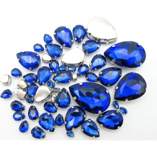 Sapphire crystal strass mix water drop shape 7 sizes silver claw flatback sew on rhinestone beads wedding dress shoes diy trim