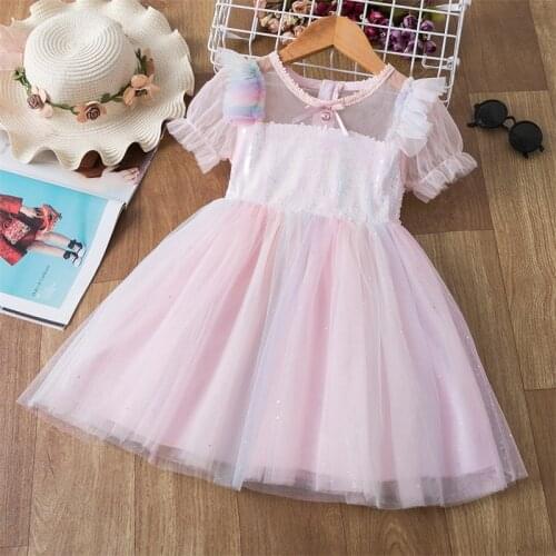 Girls Spring Summer Sequined Dress Kids Tulle Mesh Rainbow Short Sleeve Birthday Party Dresses Children Crystal Holiday Costume