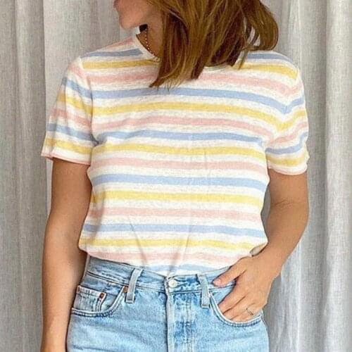 Multicoloured Stripes T-shirt Women Short Sleeve O neck Linen Casual Shirts Summer Vintage Tees Tops