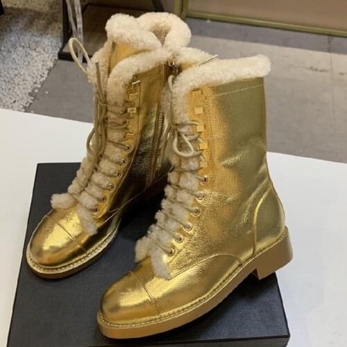 Woman Boots Winter Flat Leather Solid Color Ankle Boots Casual Round Toe Metal Buckle Winter Women Shoes Ladies Botas Lace up
